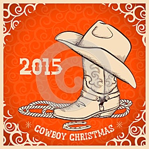 Western New Year greeting card with cowboy objects