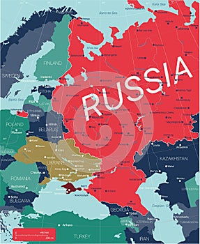 Western part of Russia and eastern Europe detailed editable map