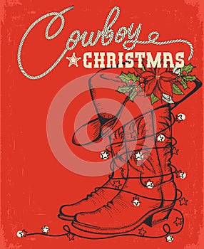 Western red christmas card with cowboy boot and decorative text