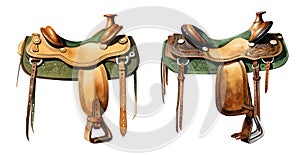 Western saddle, watercolor clipart illustration with isolated background