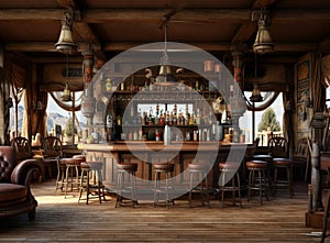 Western saloon bar with rustic wooden interior and desert landscape in the background.