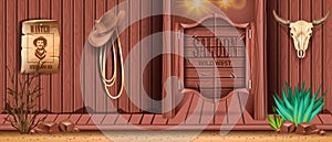 Western saloon door vector background, old retro bar wooden entrance, vintage wild west pub banner.