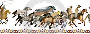 Western seamless background with Cowboys and running wild Horses. Runch equine pattern on white