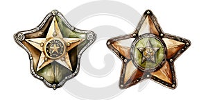 Western sheriff badge, watercolor clipart illustration with isolated background