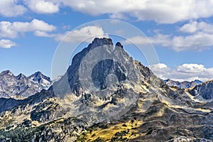 Western side of the Famous Pyrenean peak Midi Ossau as seen from the mountain pass Ayous in Octber. Atlantic Pyrenees, Bearn,