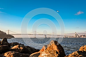 The western span of the Oakland Bay Bridge at sunrise.