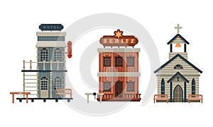 Western Style Building and Wild West Architectural Construction Vector Set