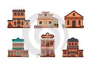 Western Style Building and Wild West Architectural Construction Vector Set