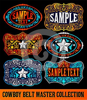 Western Style Cowboy Belt Buckle Label Master Collection Set.