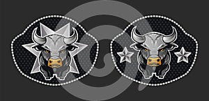 Western Style Cowboy Raging Bull and star Belt Buckle vector design.