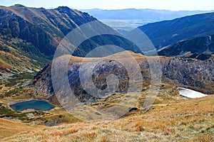 Western Tatras, Rohacska valley, Slovakia: View from the peak Volovec on the Jamnicke lakes