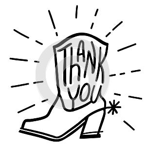 Western Thank you card. Vector thanks card with cowboy boot and text black graphic illustration