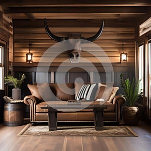 A Western-themed den with leather sofas, cowhide rugs, horseshoe decor, and rustic wooden accents3