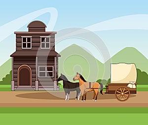 Western town design with horses carriage and wooden building over landscape background