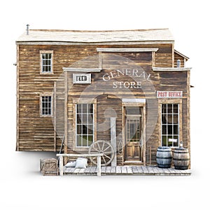 Western town rustic general store on an isolated white background.