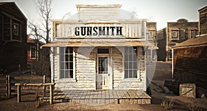 Western town rustic gunsmith weapons and ammunition`s supply store.