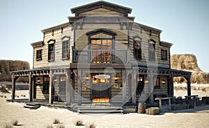 Western town saloon lit up and open for business with a mountainous background.