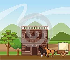 Western town with wooden building and horses carriage over landscape background
