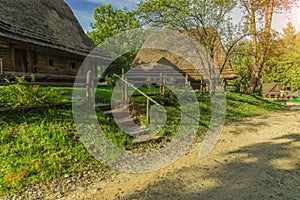 Western Ukraine rural scenic view wooden house straw roof in garden blooming spring time nature green foliage environment with sun