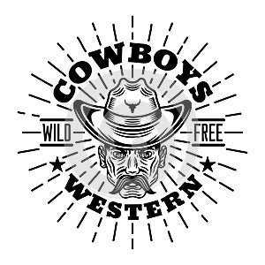 Western vector vintage emblem, label, badge or logo with cowboy head in hat in monochrome style isolated on white