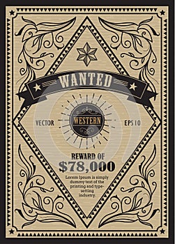 Western vintage frame antique label wanted retro hand drawn