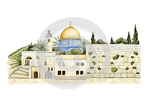 Western Wall and Dome of the Rock in old town of Jerusalem watercolor illustration. Cityscape of Israel capital city