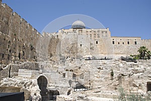 Western Wall Excavations with al-aqsa mosque photo