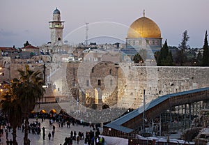 Western Wall and golden Dome of the Rock at sunset, Jerusalem Old City, Israel.