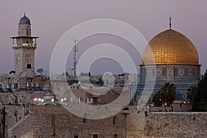 Western Wall and golden Dome of the Rock at sunset, Jerusalem Old City, Israel.