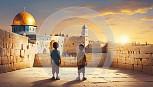 Western Wall in Jerusalem. Illustration with children.