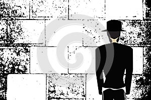 Western Wall, Jerusalem. The Wailing Wall. Religious Jewish Hasidim in hats and talit pray. Black and white vector illustration