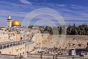 The Western Wall, the Jewish shrine, and the Dome of the Rock building, the Muslim shrine, in Jerusalem Old City.