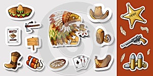 Western wild west art stickers set. Gun, bullets, dynamite and many other items