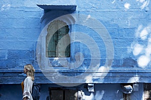 Western woman exploring the blue city, Jodhpur India