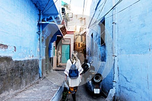 Western woman exploring the blue city, Jodhpur India