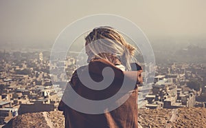 Western woman exploring Jaisalmer Fort, Rajasthan, India