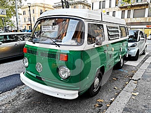 Westfalia T2 volkswagen vintage camper motorhome. Green and white colors, in wonderful conditions