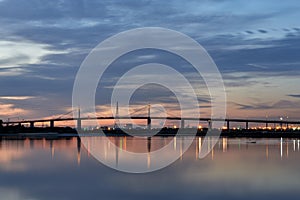 Westgate Bridge at sunset over the Yarra River in Melbourne, Australia.