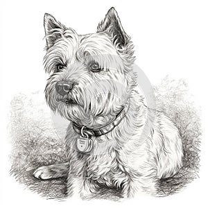 Westie, West Highland White Terrier, engraving style, close-up portrait, black and white drawing, cute dog,