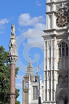 Westminster Abbey, Crimea and Indian Mutiny memorial  with Union Flag half-mast, Elizabeth Tower and Big Ben