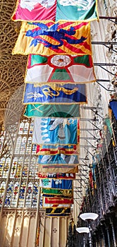 Westminster Abbey glass windows and flags