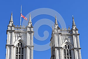 Westminster Abbey with half-mast flag