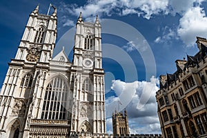 Westminster Abbey Westside And Tower Of Westminster Palace In London UK