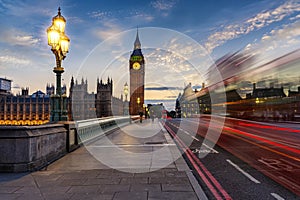 The Westminster Bridge and Big Ben clock tower in London after sunset