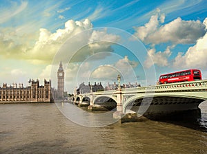 Westminster Bridge and Houses of Parliament at sunset, London. B