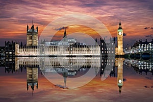 The Westminster Palace in the Big Ben clocktower on the river Thames in London