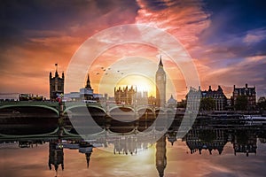 The Westminster Palace and the Big Ben clocktower by the Thames river in London