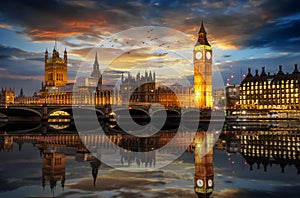 The Westminster Palace and the Big Ben clocktower in London just after sunset