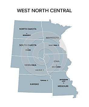 West North Central states in the Midwest region of USA, gray political map photo