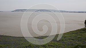 Weston-super-mare bay and bluebells Somerset England from Brean Down